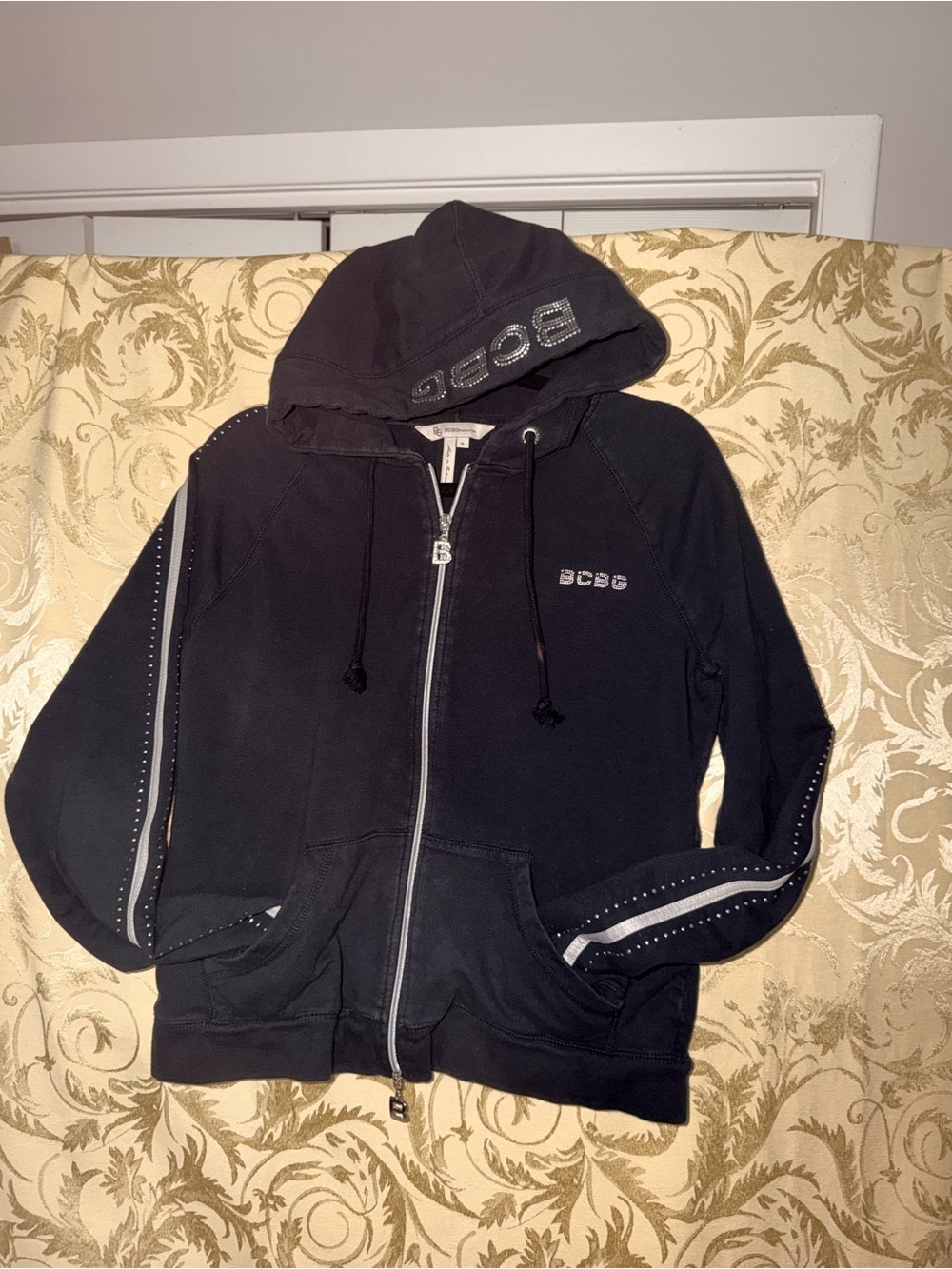 BCBG Black Hoodie with Studded Sleeve Stripes